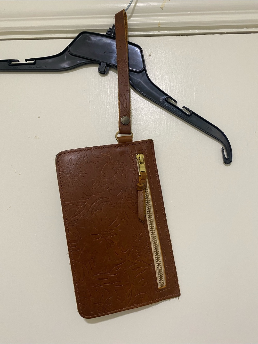 Portland Leather Goods Embossed Brown Leather Wristlet Wallet with Zip Pocket